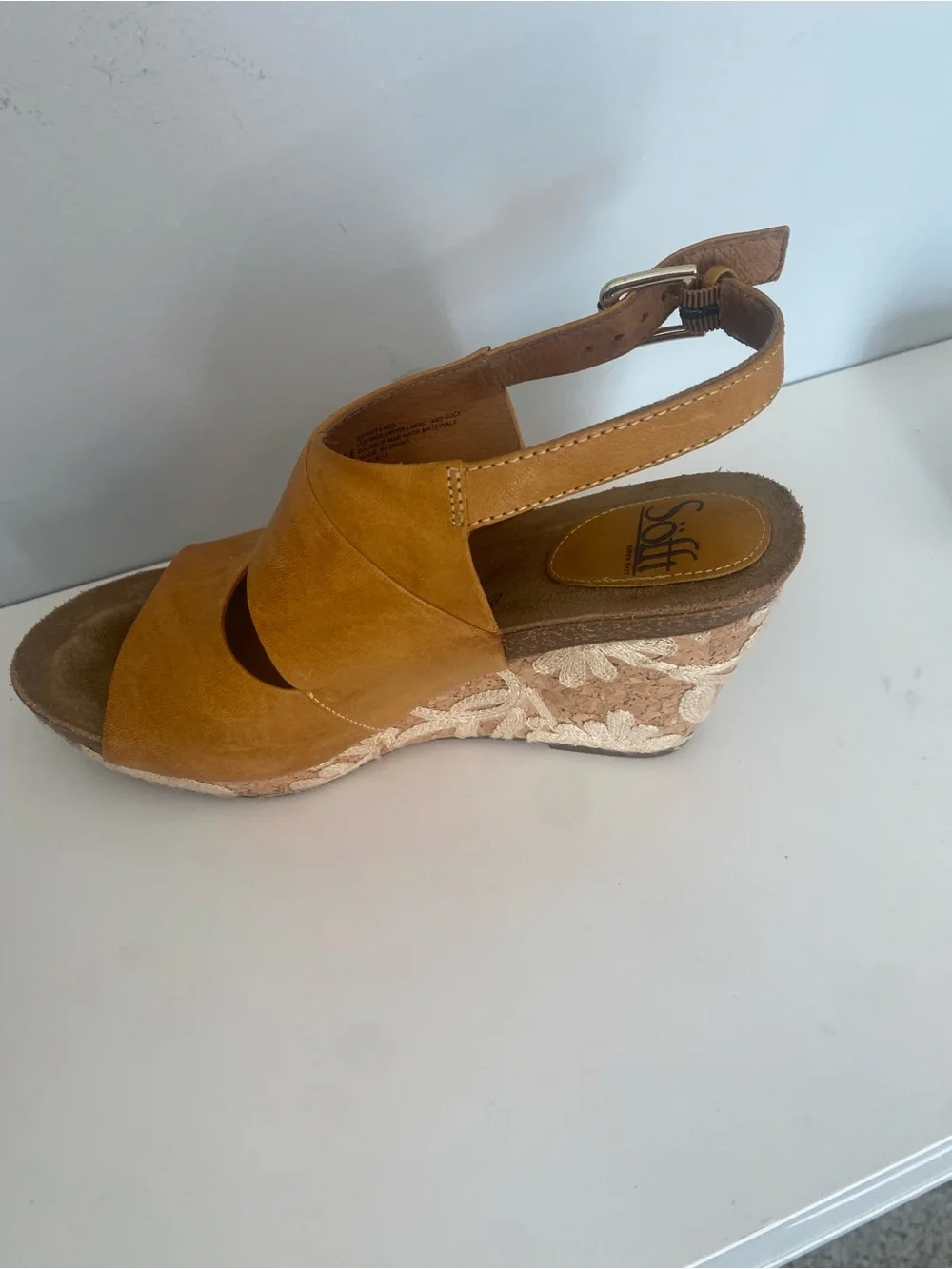 Sofft Mustard/Tan Embroidered Cork Wedge Sandal